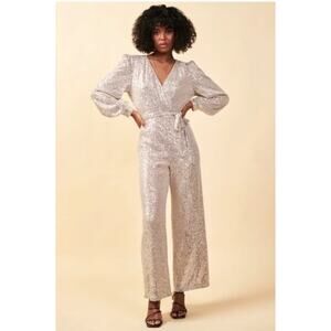SKIES ARE BLUE Sequin Wrap Long Sleeved Jumpsuit in Champagne